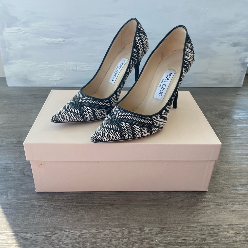 Jimmy Choo Abel Heels in Black and White Raffia - Picture 7 of 10